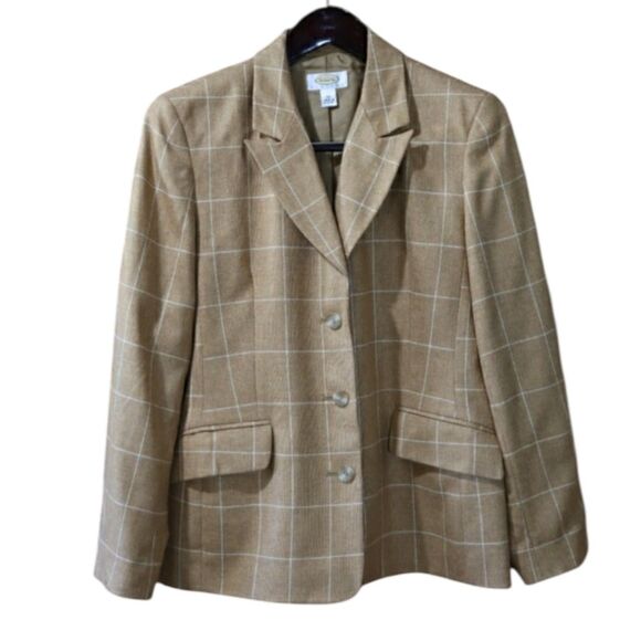 Talbots Tan and White Blazer Window Pane Plaid Blazer Jacket 12 Academia Wool Si - Picture 1 of 10